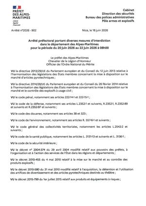 Ap 2026 902 Portant Interdiction Gaz Carburants Artifices Dans Le Département Des Alpes Maritimes Du 20 Juin Au 22 Juin 2026 à 8h00