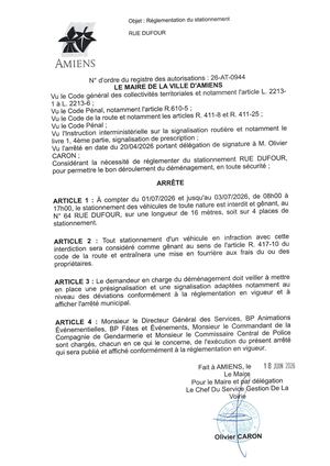 26 At 0944 Réglementation Du Stationnement Rue Dufour Du 01 07 2026 Au 03 07 2026