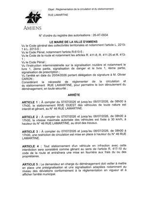 26 At 0934 Réglementation De La Circulation Et Du Stationnement Rue Lamartine Du 07 07 2026 Au 08 07 2026