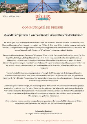 Acheteurs Européens, Vins Béziers Méditerranée, Communiqué de Presse
