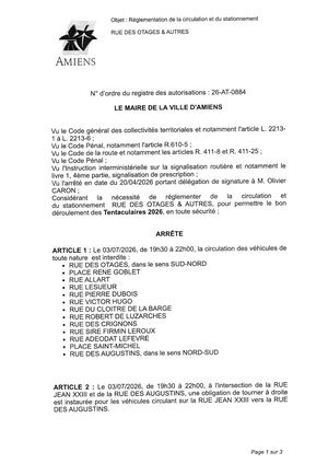26 At 0884 Réglementation De La Circulation Et Du Stationnement Rue Des Otages & Autres Le 03 07 2026