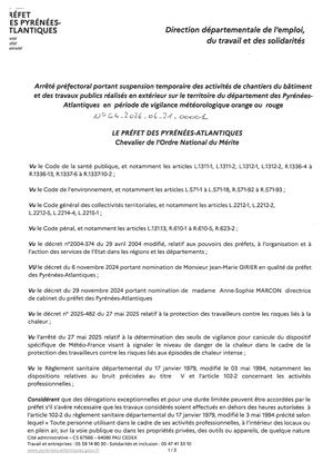 Arrêté : Dérogation Horaires activités chantiers du Batiment et Tp Extérieur