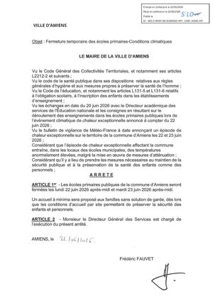Ar1 2026 00945 Arrêté Fermeture Temporaire éColes Primaires Conditions Climatiques 22 Et 23 06 2026