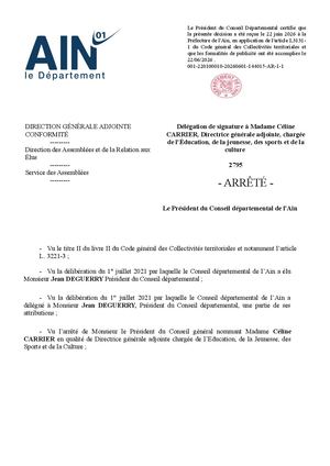Délégation De Signature à Madame Céline Carrier, Directrice Générale Adjointe, Chargée De L'éducation, De La Jeunesse, Des Sports Et De La Culture