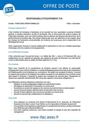 Responsable D'équipement F H -CDI - Saint Révérend