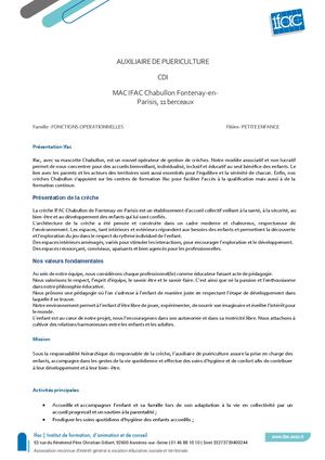 Auxiliaire De Puericulture - CDI - Fontenay En Parisis