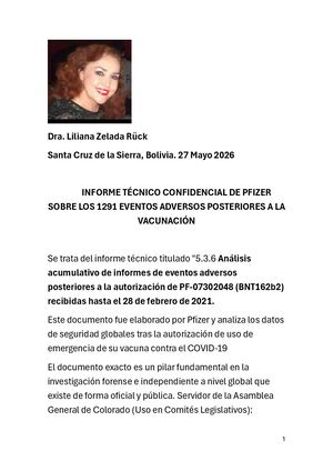 Informe Técnico Confidencial De Pfizer Sobre Los 1291 Eventos Adversos Posteriores A La Vacunación Dra Liliana Zelada Ruck