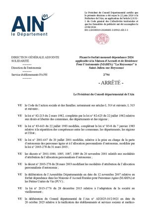 Fixant Le Forfait Mensuel Dépendance 2026 Applicable à La Maison D'accueil Et De Résidence Pour L'autonomie (Marpa) La Reyssouze à Saint Julien Sur Reyssouze