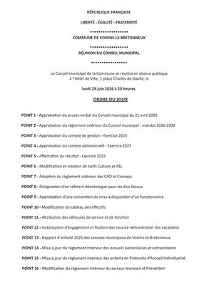 Ordre du jour du Conseil municipal du 29 06 2026