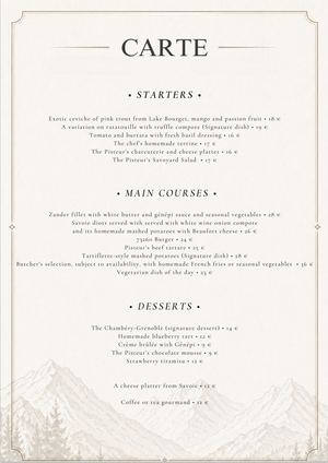 CARTE - Le Pisteur restaurant in Valmorel – Akoya – UK