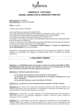 Arrete 1457-2026-Livraison 11 Rue Saint Joseph Le 29-06-2026-Publié Le 23 06 2026