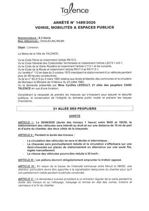 Arrete 1489-2026-Livraison 121 Allee Des Peupliers Le 26-06-2026-Publié Le 23 06 2026
