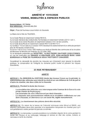 Arrete 1515-2026-Pose De Fourreaux Sous Trottoirs Et Chaussee 23 Rue Peybouquey Du 29-06 Au 03-07-2026-Publié Le 23 06 2026