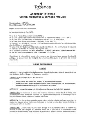 Arrete 1512-2026-Pose Conduite Telecom 3 Rue Gutenberg Le 29-06-2026-Publié Le 23 06 2026