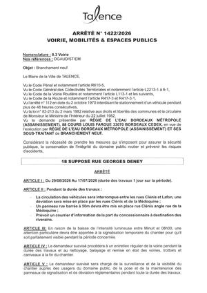 Arrete 1422-2026-Branchement Neuf 18 Suppose Rue Georges Deney Du 29-06 Au 17-07-2026-Publié Le 23 06 2026