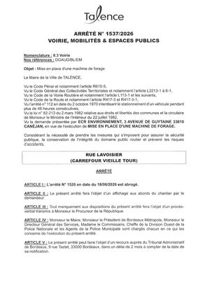 Arrete 1537-2026-Abrogation Arrete 1526 Mise En Place Machine Forage Rue Lavoisier-Publié Le 23 06 20266