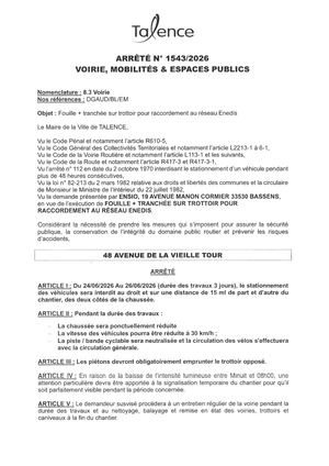 Arrete 1543-2026-Fouille + Tranchee Raccordement Enedis 48 Rue De La Vieille Tour Du 24 Au 26-06-2026-Publié Le 23 06 20266