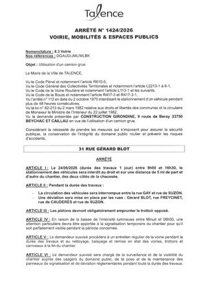 Arrete 1424-2026-Utilisation Camion Grue 31 Rue Gerard Blot Le 24-06-2026-Publié Le 23 06 2026