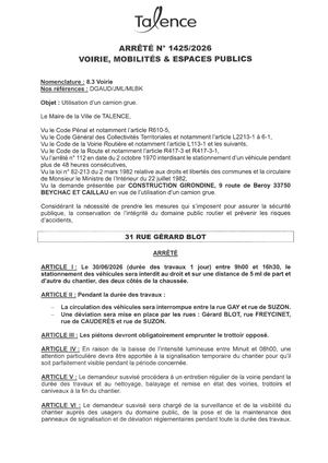 Arrete 1425-2026-Utilisation Camion Grue 31 Rue Gerard Blot Le 30-06-2026-Publié Le 23 06 2026