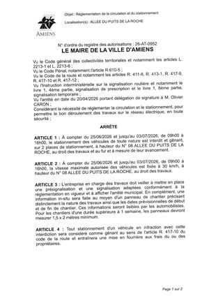 26 At 0952 Réglementation De La Circulation Et Du Stationnement Allée Du Puits De La Roche Du 25 06 2026 Au 03 07 2026