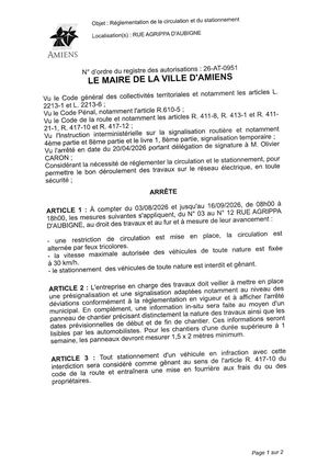 26 At 0951 Réglementation De La Circulation Et Du Stationnement Rue Agrippa D'aubigne Du 03 08 2026 Au 16 09 2026