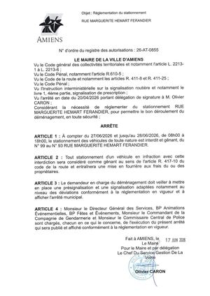 26 At 0855 Réglementation Du Stationnement Rue Marguerite Hemart Ferandier Du 27 06 2026 Au 28 06 2026