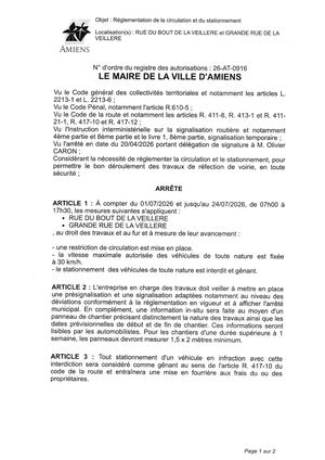 26 At 0916 Réglementation De La Circulation Et Du Stationnement Rue Du Bout De La Veillere Et Grande Rue De La Veillere Du 01 07 2026 Au 24 07 2026
