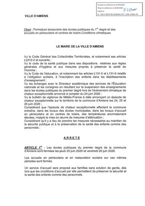 AR1 2026 00954- Arrêté De Fermeture Temporaire Des Ecoles Publiques Du 1er Degré Et Accueils En Periscolaire Centre De Loisirs Conditions Climatiques 25 Et 26 Juin 2026