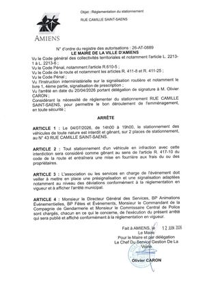 26 At 0889 Réglementation Du Stationnement Rue Camille Saint Saens Le 04 07 2026