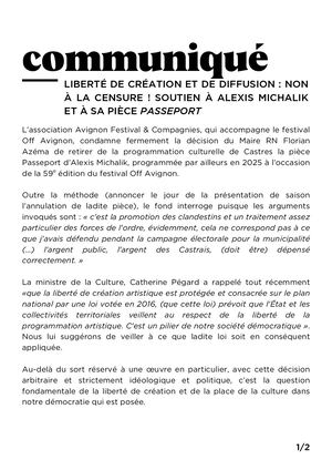 Communiqué | Liberté de création et de diffusion : non à la censure ! Soutien à Alexis Michalik et à sa pièce Passeport
