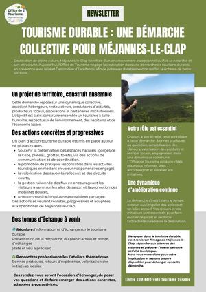 Newsletter Socio Pro Tourisme Durable