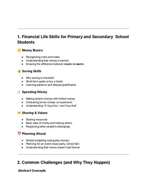 Financial Life Skills Plan For Primary And Secondary Schools Students Docx