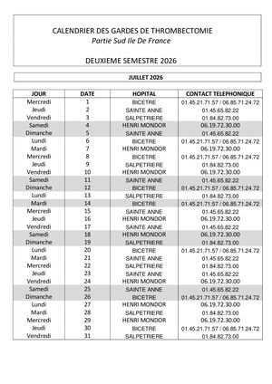 Calendrier De Thrombectomie Partie Sud Idf 2e Semestre 2026