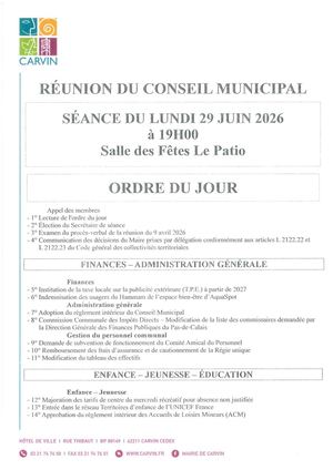 ORDRE DU JOUR RÉUNION DU CONSEIL MUNICIPAL LUNDI 29 JUIN 2026