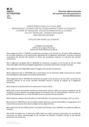 Arrêté Fermeture Ferme de Trofalher 17 Juin 2026