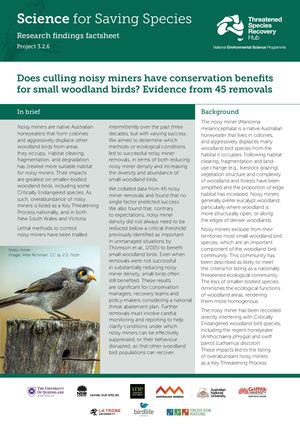 Melton 2021. Does Culling Noisy Miners  Have Conservation Benefits For Small Woodland Birds. NESP Threatened Species Recovery Hub Factsheet