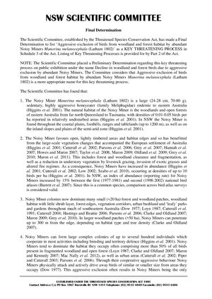 NSW Scientific Committee Final Determination Noisy Miners Key Threatening Process