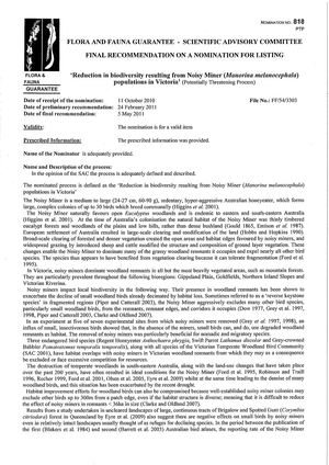 Victoria Scientific Advisory Committee 2011. Potentially Threatening Process - Reduction In Biodiversity From Noisy Miners