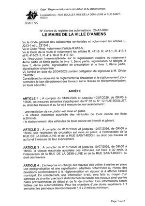 26 At 0880 Réglementation De La Circulation Et Du Stationnement Rue Boullet, Rue De La Demi Lune Et Rue Saint Roch Du 01 07 2026 Au 10 07 2026