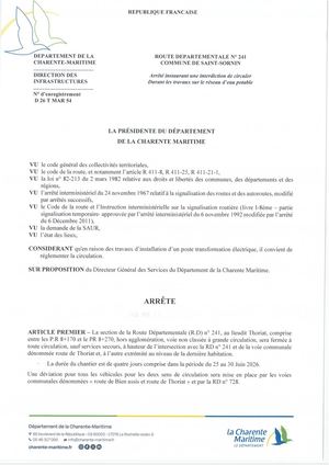 Arrêté De Circulation D 26 T Mar 54 Rd 241 Saint Sornin