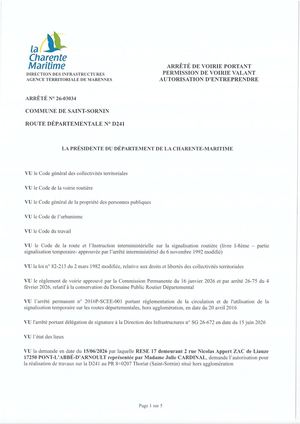 Arrêté De Voirie N° 26 03034 Rd 241 Saint Sornin