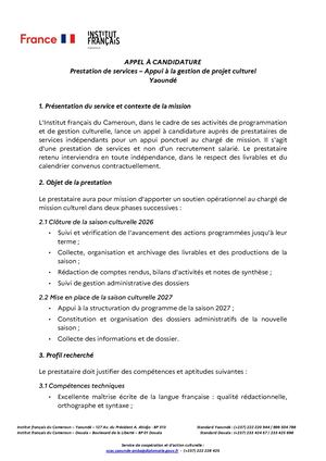 Appel à candidature prestataire mission culturelle