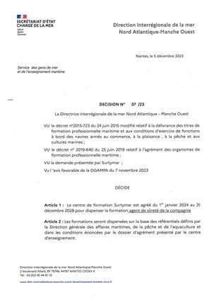 Décision Dirm Namo Agrément N°37 23 Surtymar Asc