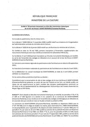 Arrêté Portant Classement Au Titre Des Monuments Historiques De La Tour De Broue à Saint Sornin