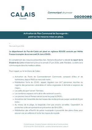 CP - Activation du Plan Communal de Sauvegarde et mesures mises en place dans le cadre de la vigilance rouge canicule