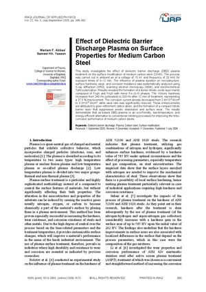 Effect of Dielectric Barrier Discharge Plasma on Surface Properties for Medium Carbon Steel