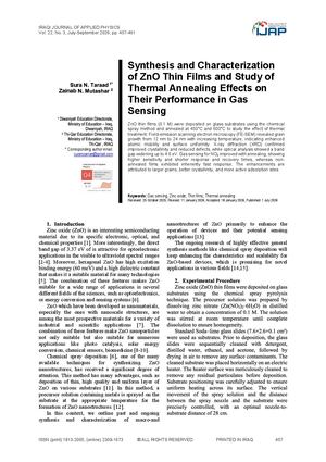 Synthesis and Characterization of ZnO Thin Films and Study of Thermal Annealing Effects on Their Performance in Gas Sensing