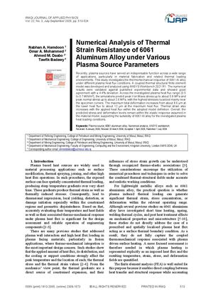 Numerical Analysis of Thermal Strain Resistance of 6061 Aluminum Alloy under Various Plasma Source Parameters