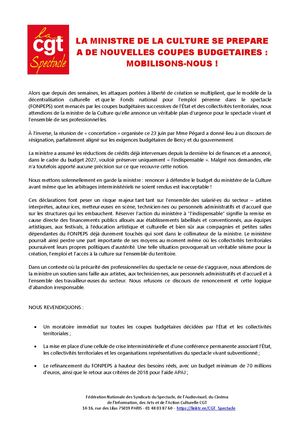 Cp Cgtspectacle La Ministre De La Culture Se Prépare à De Nouvelles Coupes Budgétaires Mobilisons Nous !