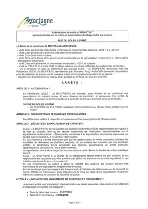 Ar26st147 Av Portant Permission De Voirie Et Autorisation D'entreprendre Les Travaux Rue Du Soleil Levant Du 21 07 Au 31 07 2026